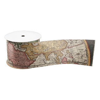 Antique World Map in two Hemispheres Satin Ribbon