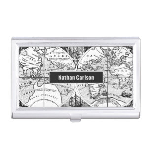 Antique World Map Line Art Personalised Business Card Case