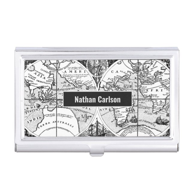 Antique World Map Line Art Personalised Business Card Case (Front)
