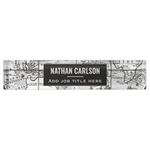 Antique World Map Line Art Personalised Desk Name Plate