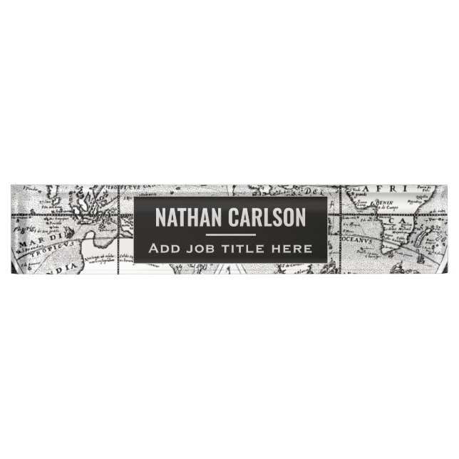 Antique World Map Line Art Personalised Desk Name Plate (Front)