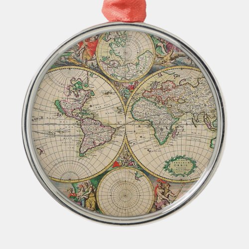 Antique World Map Metal Ornament