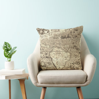 Antique World Map Monsters Throw Pillow