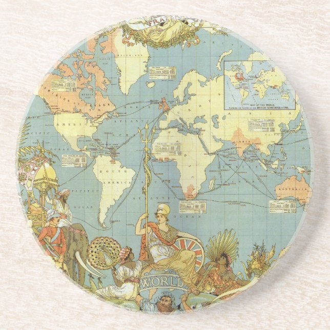 Antique World Map of the British Empire, 1886 Sandstone Coaster (Front)