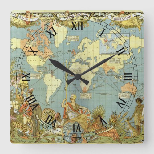 Antique World Map of the British Empire 1886 Square Wall Clock