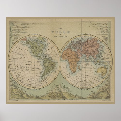 Antique World Map of the Hemispheres Vintage Style Poster