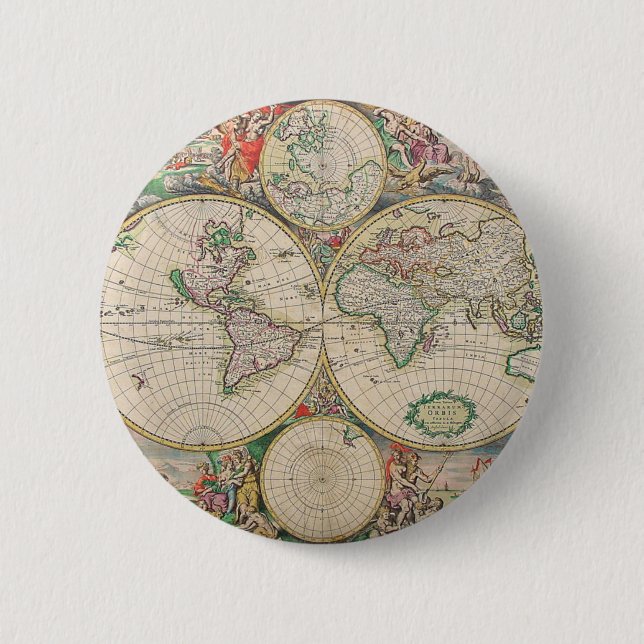 Antique World Map Pinback Button (Front)