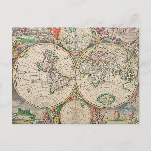 Antique World Map Postcard