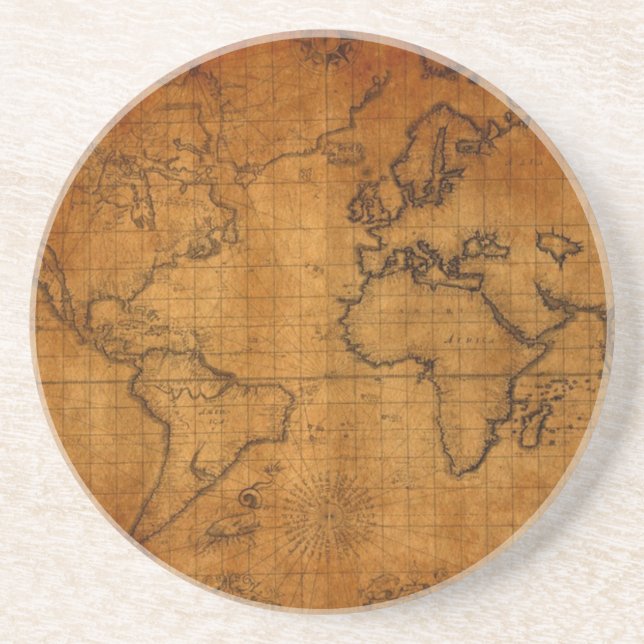 Antique World Map Sandstone Coaster (Front)