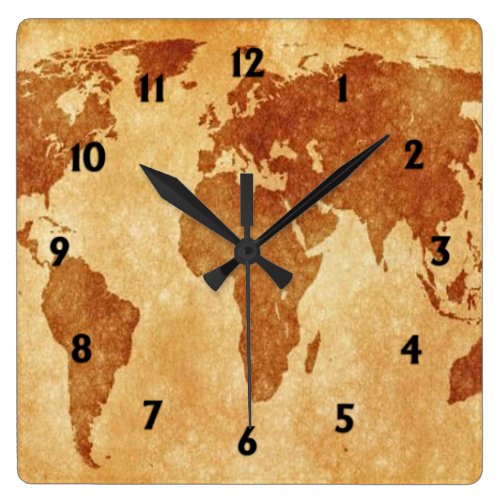Antique World Map Square Wall Clock