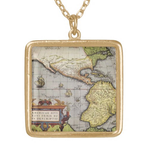 Antique World Map the Americas by Abraham Ortelius Gold Plated Necklace
