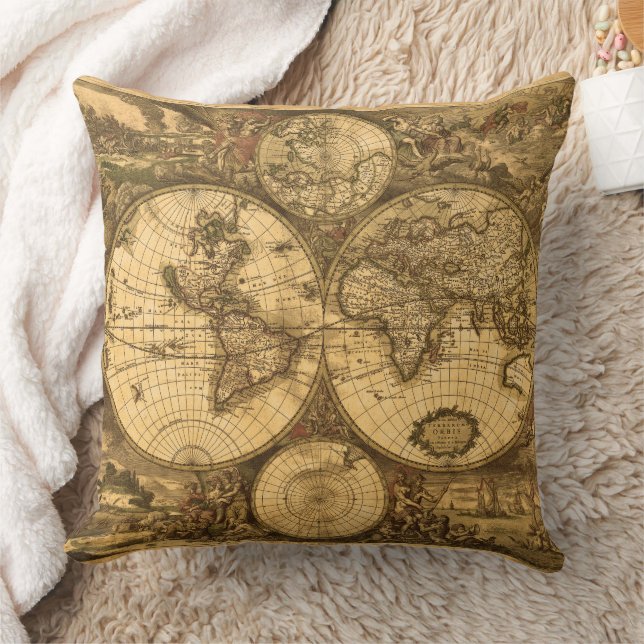 Antique World Map Throw Pillow (Blanket)