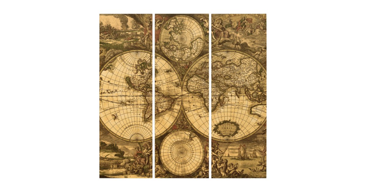 Antique World Map Triptych | Zazzle