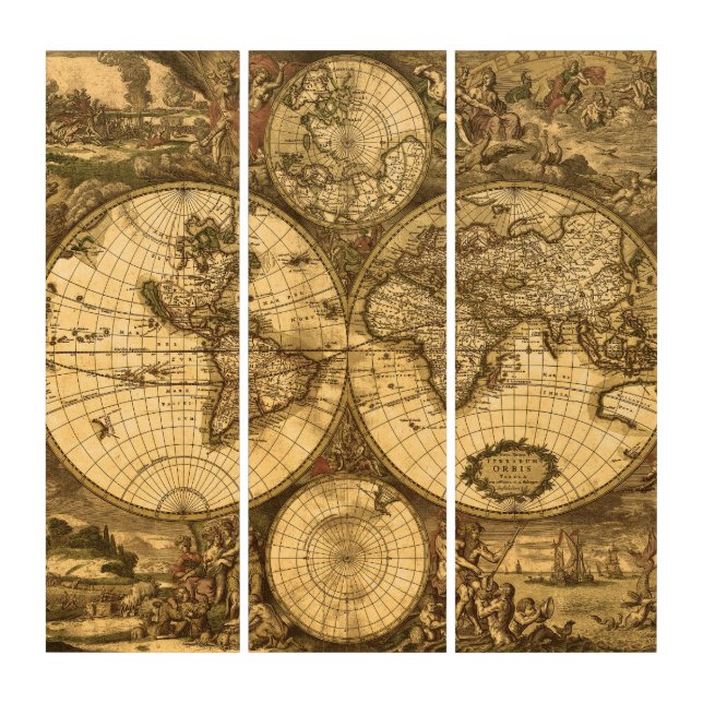 Antique World Map Triptych (Front)