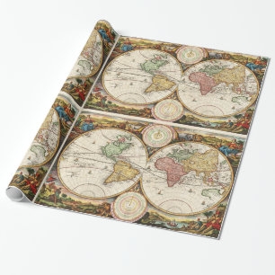 Antique World Map Two Hemispheres Rare Vintage Art Wrapping Paper