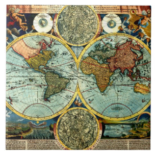 Antique World Map Vintage Art Ceramic Wall Decor Tile