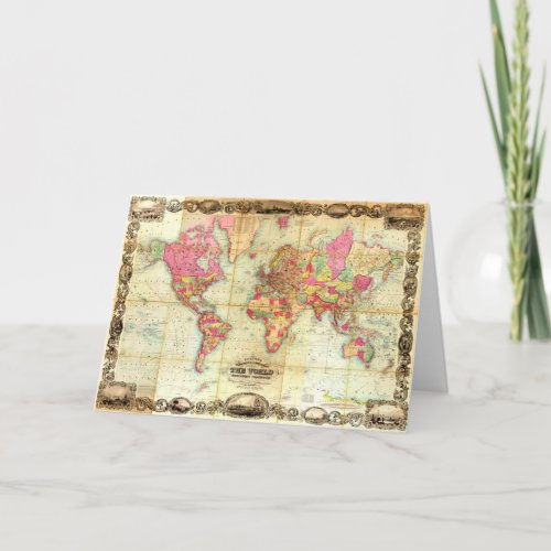 Antique World Map Vintage Cartography Card