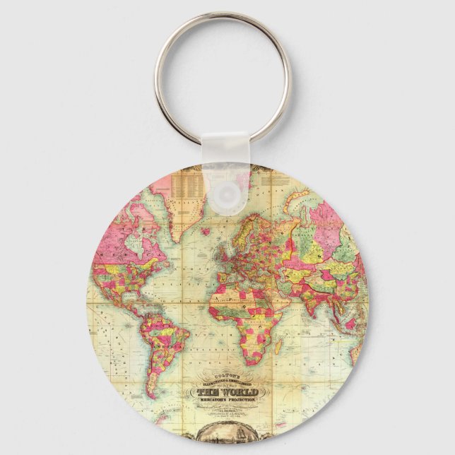 Antique World Map Vintage Cartography Keychain (Front)