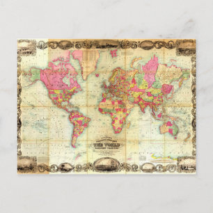 Antique World Map Vintage Cartography Postcard