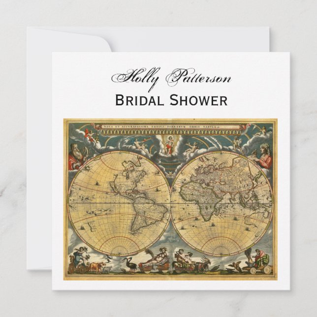 Antique World Map, White BG SQ Bridal Shower Invitation (Front)