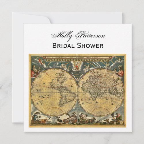 Antique World Map White BG SQ Bridal Shower Invitation