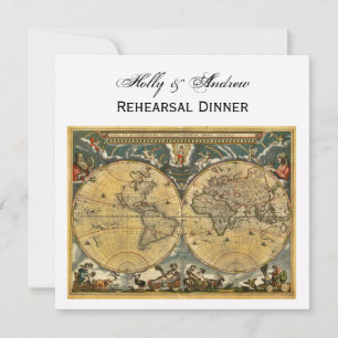 Antique World Map, White BG SQ Rehearsal Din Invitation