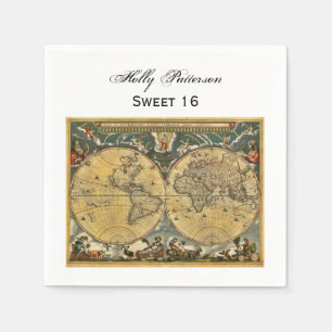 Antique World Map, White BG SQ Sweet 16 Paper Napkins