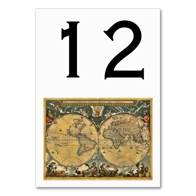 Antique World Map, White BG Table Number (Front)