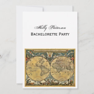 Antique World Map, White BG V Bachelorette Invitation
