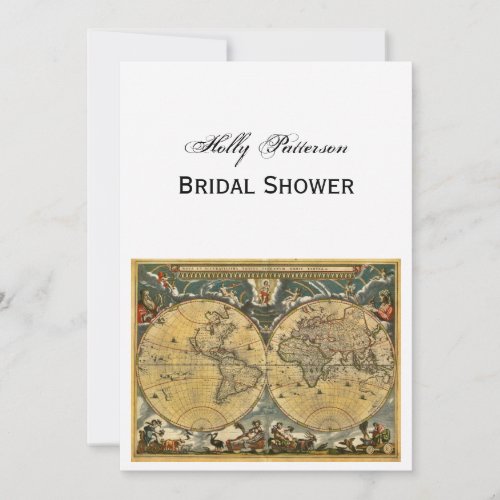 Antique World Map White BG V Bridal Shower Invitation