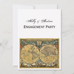 Antique World Map, White BG V Engagement Invitation