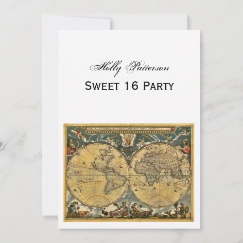 Antique World Map White BG V Sweet 16 Invitation