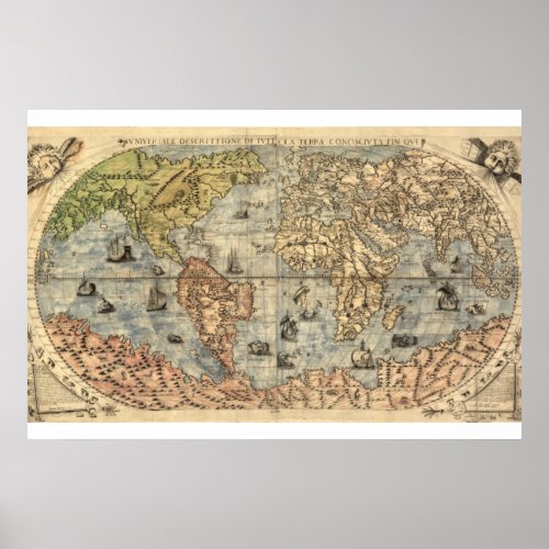 Antique world pictorial map 1565 Ferando Berteli  Poster