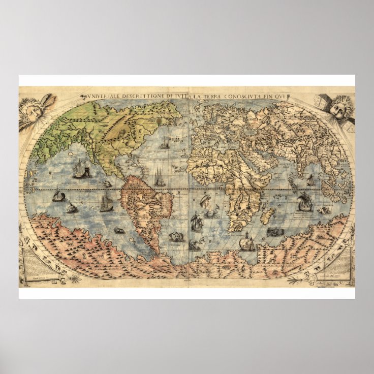 Antique world pictorial map 1565 Ferando Berteli Poster | Zazzle