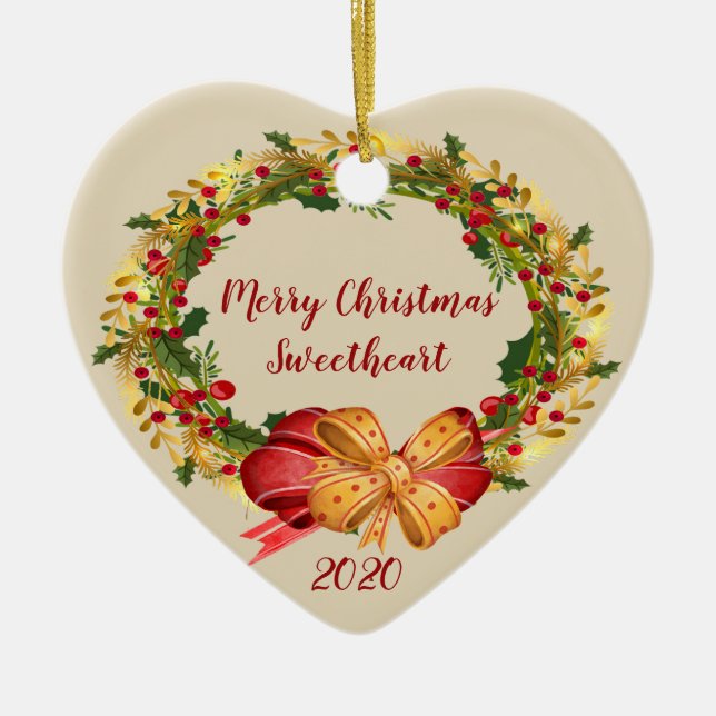 Antique Wreath Christmas Sweetheart Ceramic Ornament (Front)
