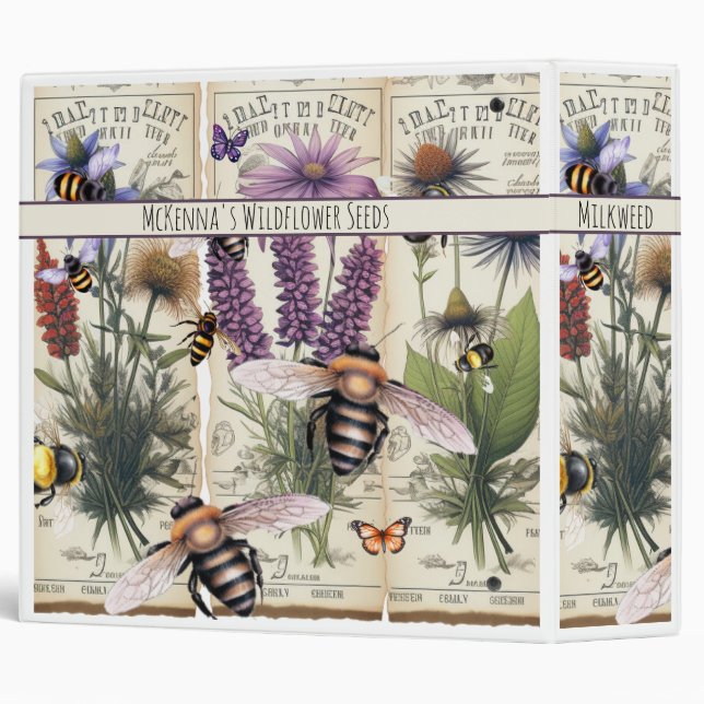 Antiqued Bees and Wildflowers Ephemera Styled  3 Ring Binder (Back/Spine)