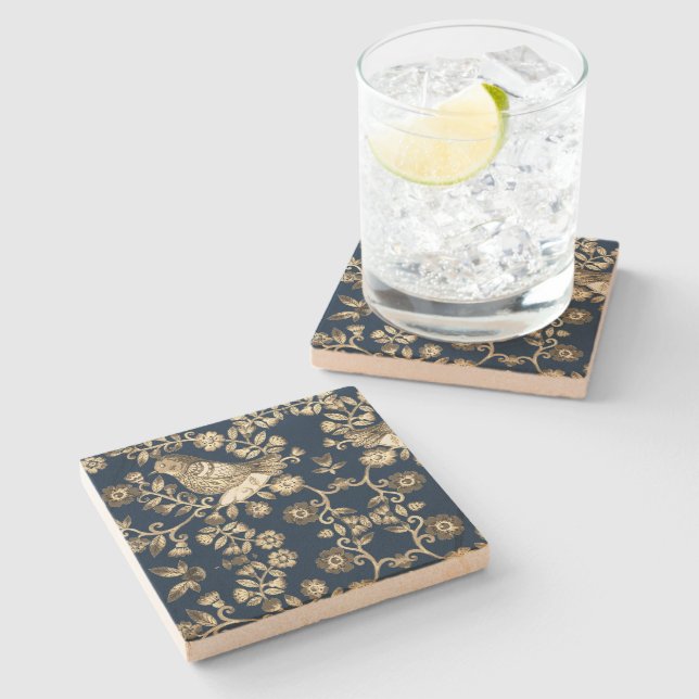 Antiqued Bird Willow Style Navy Blue  Stone Coaster (Side)