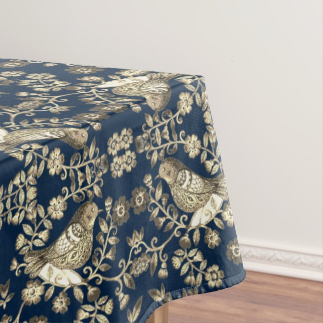 Antiqued Bird Willow Style Navy Blue Tablecloth (In Situ)