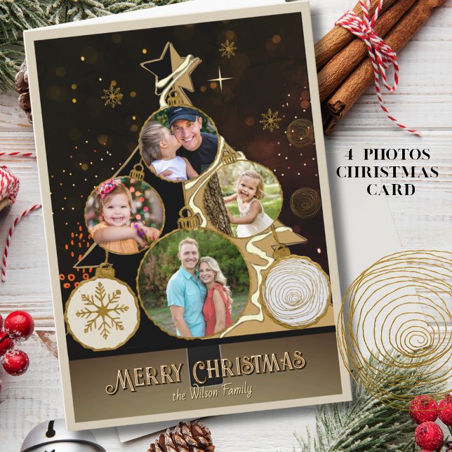 Antiqued Brown-Black & Gold 4-Photo Christmas Tree Holiday Card (Antiqued Brown-Black & Gold 4-Photo Christmas Tree Holiday Card)