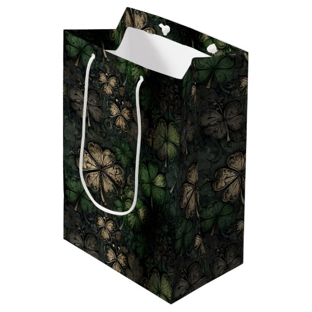 Antiqued Clover Damask Texture St. Patrick's Day Medium Gift Bag (Front Angled)