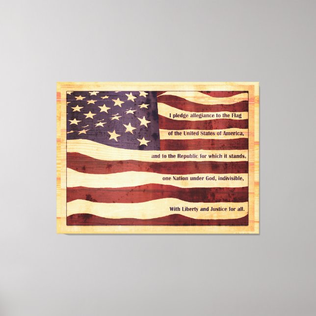 Antiqued flag with pledge of allegiance wood look canvas print (Front)