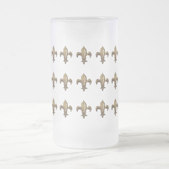 ANTIQUED GOLD FLEUR DE LIS PRINT FROSTED GLASS BEER MUG (Center)