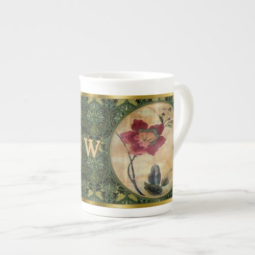 Antiqued Victorian Hibiscus Monogrammed Bone China Mug