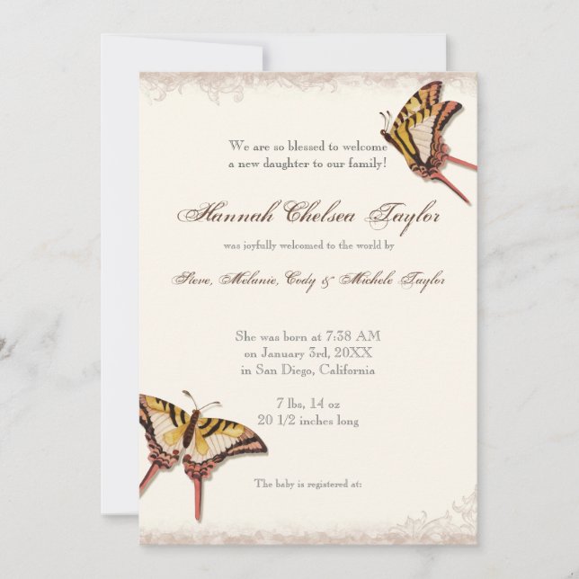 Antiqued Victorian Rose Baby Girl Birth Announce Announcement (Front)