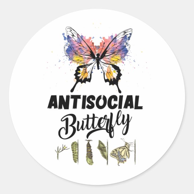 Antisocial Butterfly Introvert Distressed Classic Round Sticker (Front)