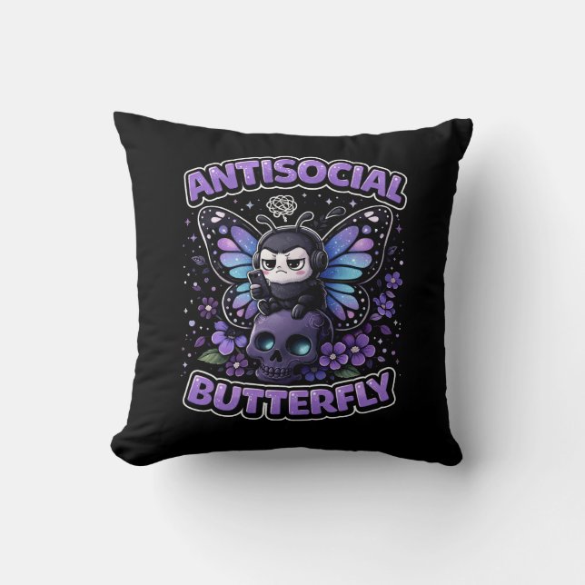 Antisocial Butterfly Throw Pillow (Front)