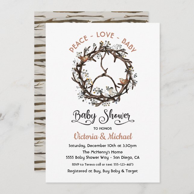 Antler and Twig Peace Sign Baby Shower Invitation (Front/Back)