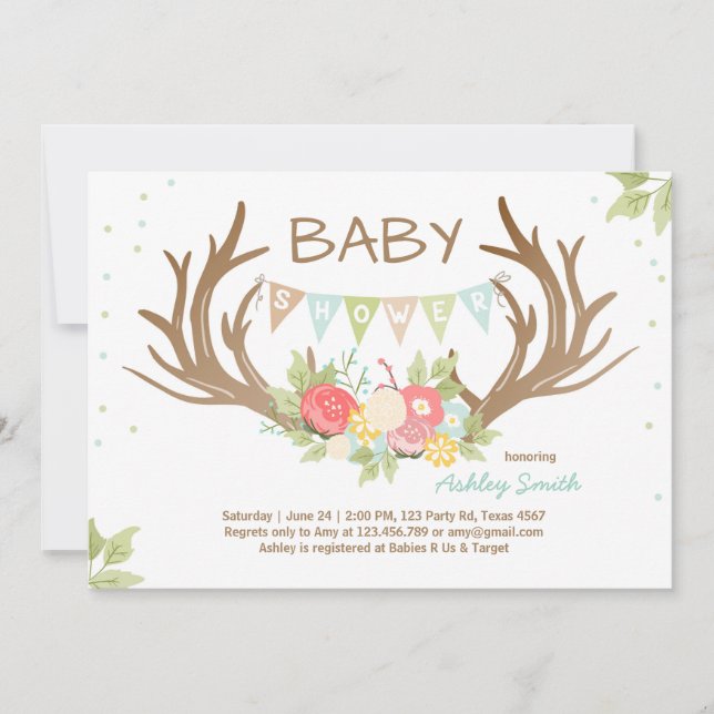 Antler Baby Shower Invitation Deer Woodland Floral (Front)