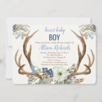 Antler boho rustic baby shower invitation boy