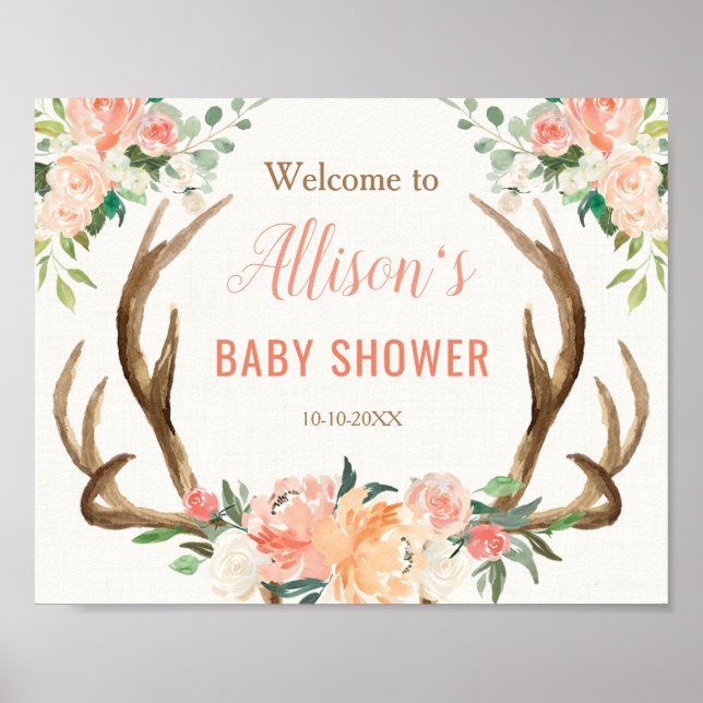 Antler boho rustic baby shower welcome sign (Front)
